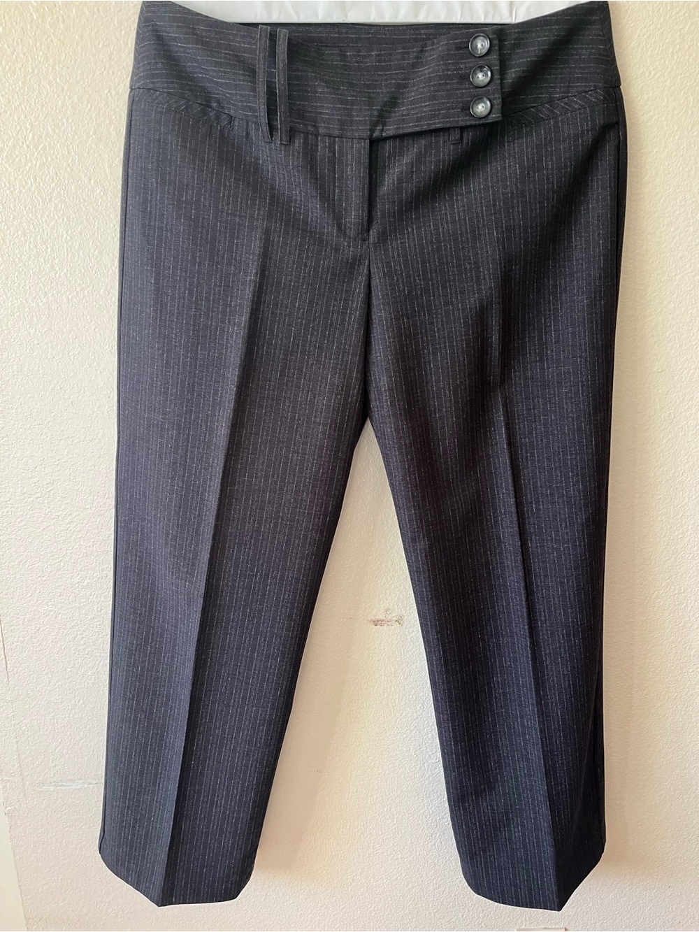 BCX Women's Black Pinstripe straight leg tailored Pants with Button Waist Detail